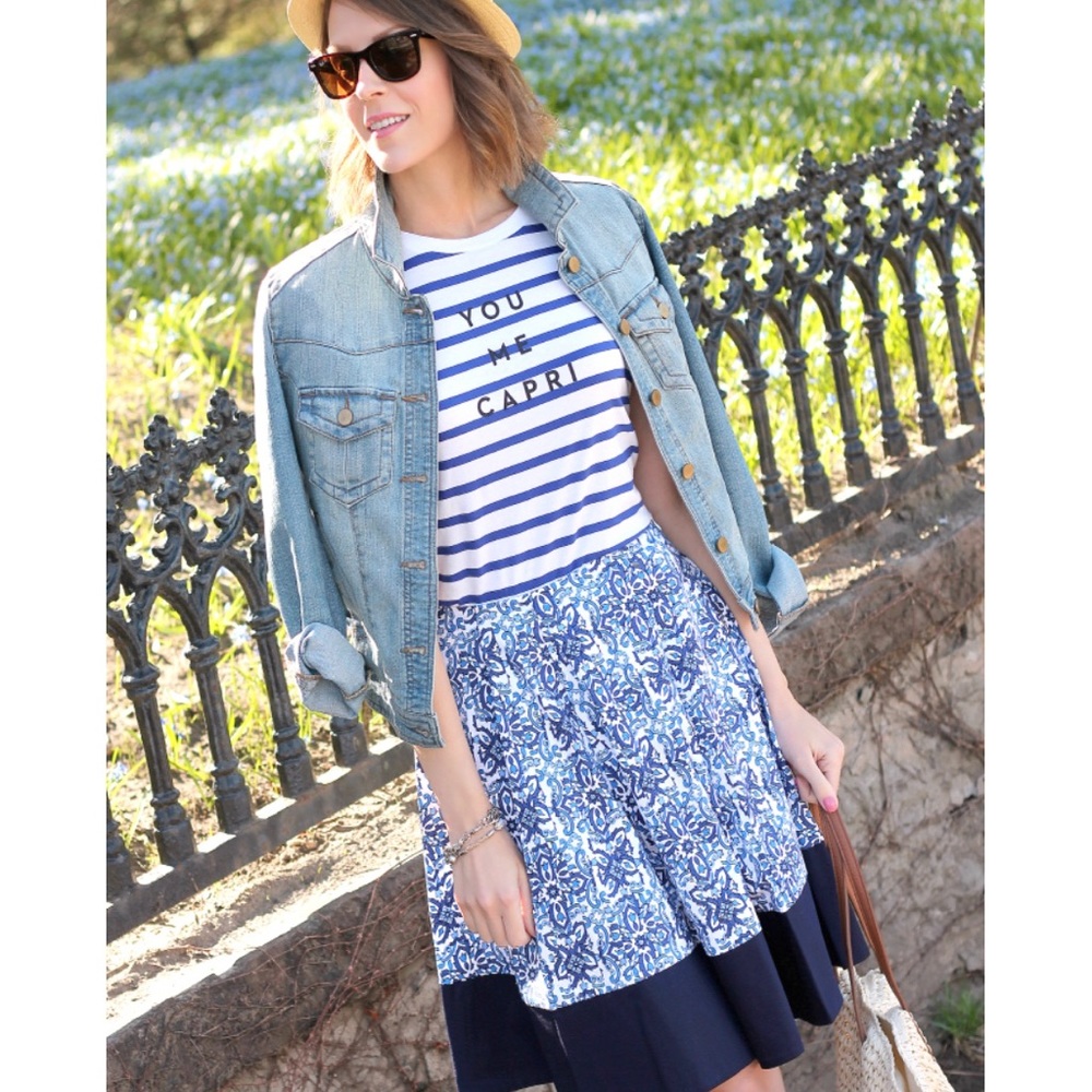 Milly Blue Mosaic Tile woven cotton sateen Skirt